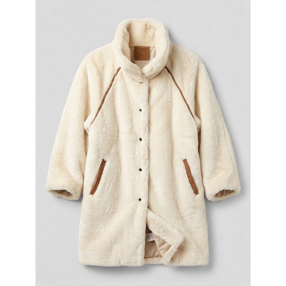 Vintage Riggins Cream Faux Fur Coat Brown Suede Trim Funnel Neck Size S RN 49046